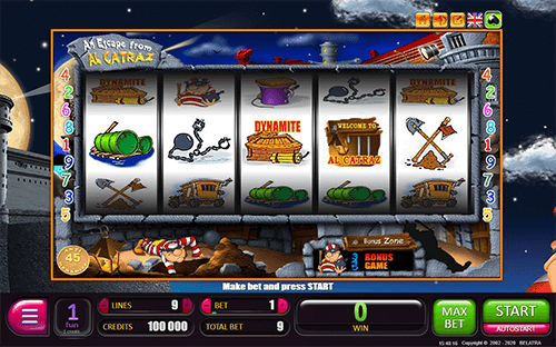 “An Escape from Al Catraz” is a Belatra games slot game with 9 pay lines and a wild symbol