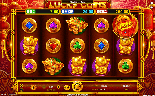 The Asian-styled slot “Lucky Coins” from GameArt features a 3x5 reel layout and 25 paylines