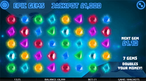 The Gamevy game “Epic Gems” has a “money doubling” feature and 5x8 layout
