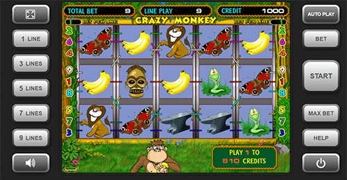 The “Crazy Monkey” is a 3x5 reel slot by Igrosoft with 9 pay lines
