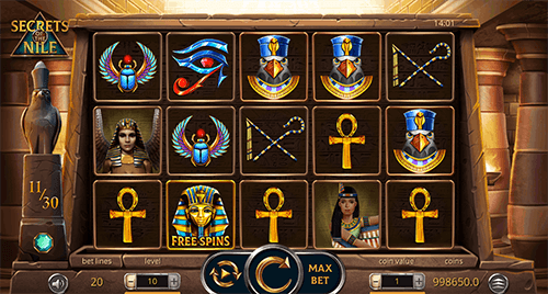 “Secrets of the Nile” is a Leap Gaming 3x5 layout slot which offers 20 pay lines