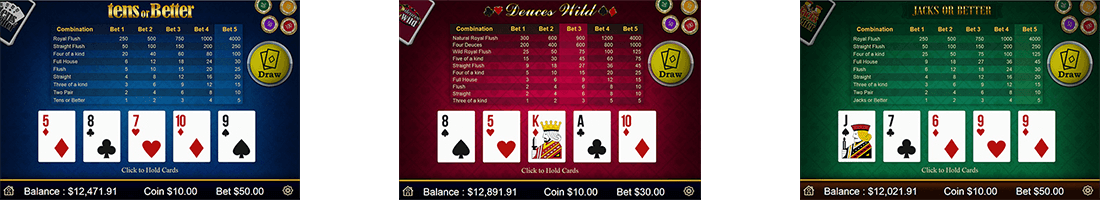 Mobilots offers 3 video poker games - “Jacks or Better”, “Tens or Better” and “2 Deuces Wild”