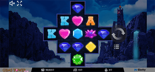 “Gems Tower” is a slot from MrSlotty that features cross reel layout and 15 pay line