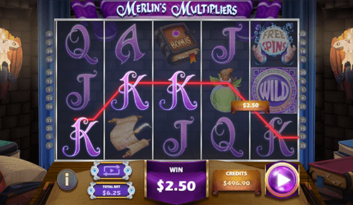 “Merlin’s Multipliers” is a 3x5 “wizard-themed” slot by Multislot