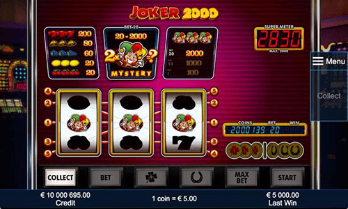 The “Joker 2000” slot from NOVOMATIC has a 3x3 reel layout and 5 pylines