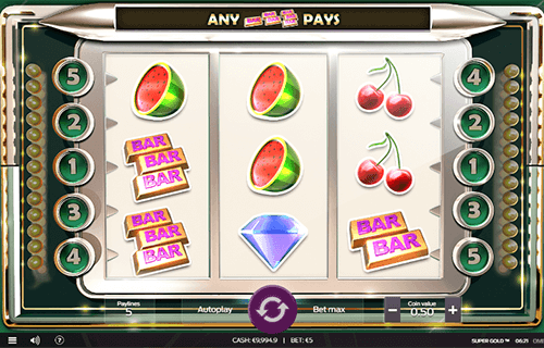 “Super Gold” is a slot by Omi Gaming with a 3x3 reel layout and 5 fixed pay lines