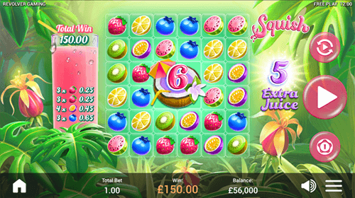 The Revolver Gaming fruity-looking slot “Squish” features a 6x6 cascading reel layout