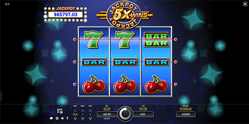 Rival's slot game “Jackpot 5x Wins” has a 3x3 layout and 3 pay lines