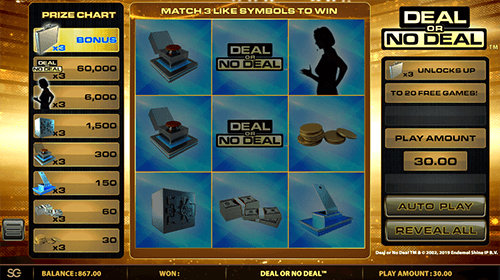 “Deal or no Deal” is a scratch card by SG Digital with a 3x3 grid box