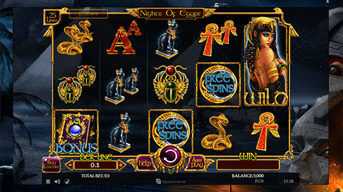 The Spinomenal slot “Nights of Egypt” features 25 paylines and a 3x5 reel layout