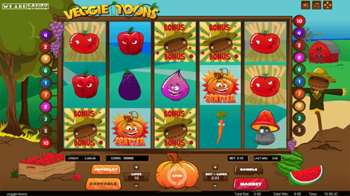 “Veggie Toons” is a 3x5 slot game by WAC with 10 fixed paylines